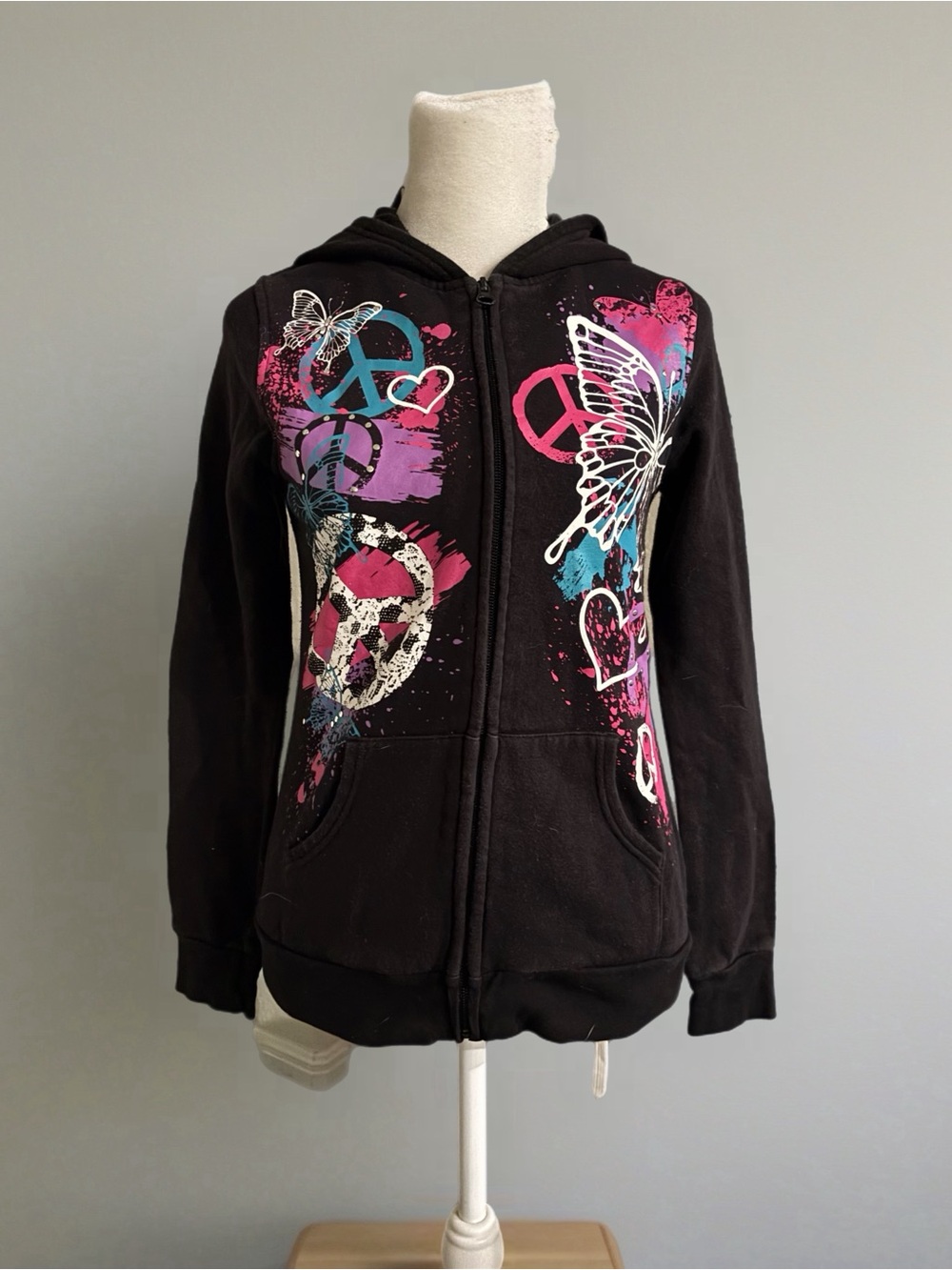 Canyon River Blues Black Hoodie with Pink & Blue Graphic Butterflies